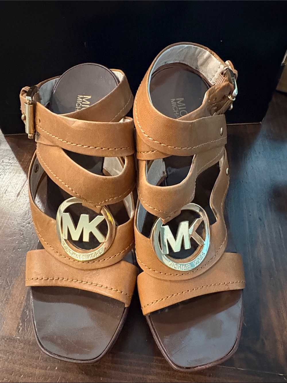 Michael Kors Tan Suede Logo Cutout Heels with Gold MK Emblem